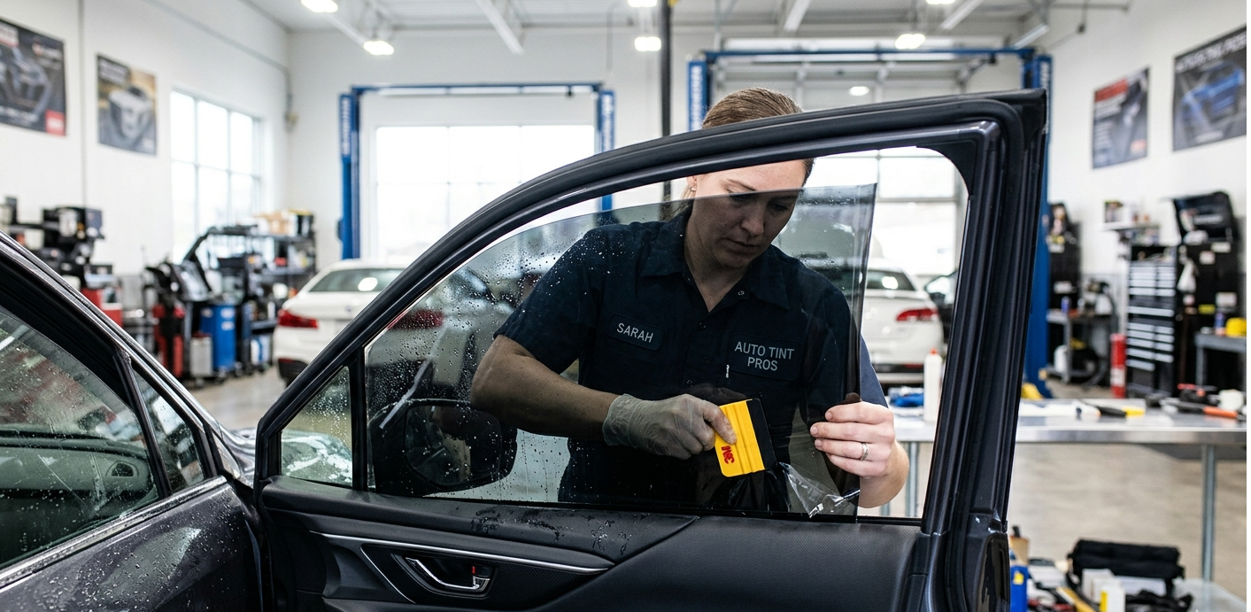 Close-up of a technician smoothing a tinted film onto a car’s side window inside a workshop.