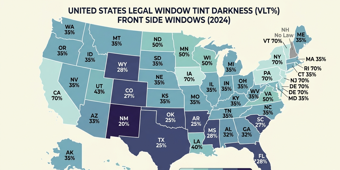 US map with states colored from light to dark showing legal tint limits (e.g. NY=70%, FL=28%)