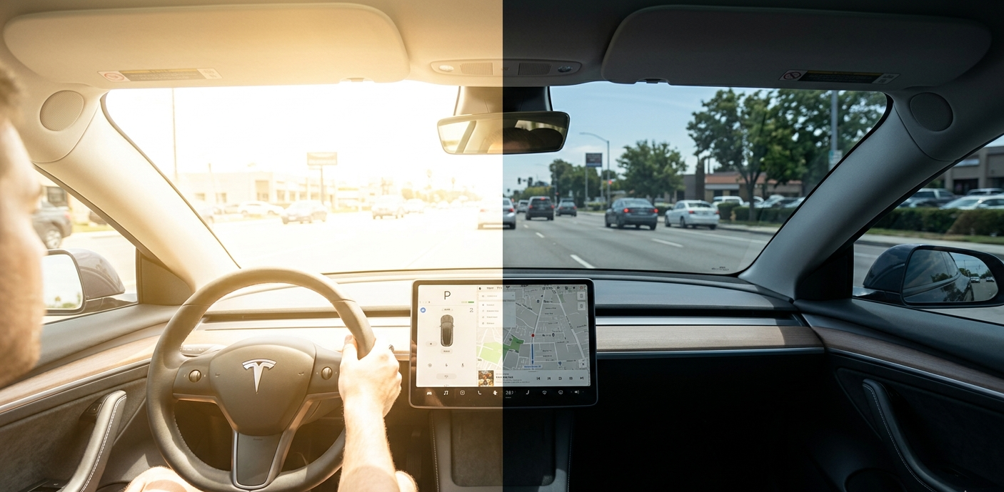Side-by-side view of a car interior: left side shows sunlight glare through clear glass, right side shows tinted window reducing glare and heat